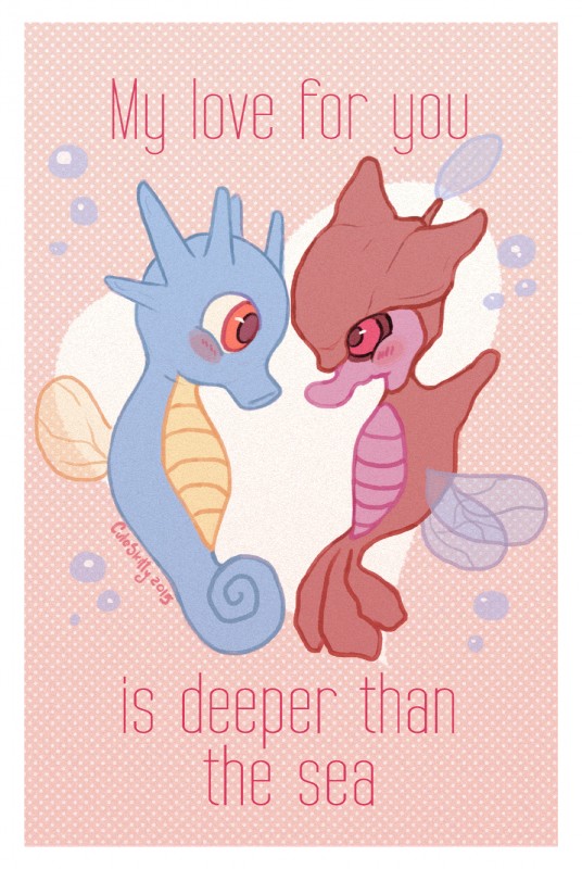 ambiguous_gender blush border bubble duo holidays red_eyes siphon_(anatomy) text white_border cuteskitty nintendo pokemon valentine's_day fish generation_1_pokemon generation_6_pokemon horsea marine pokemon_(species) seahorse skrelp syngnathid syngnathiform 2015 english_text hi_res