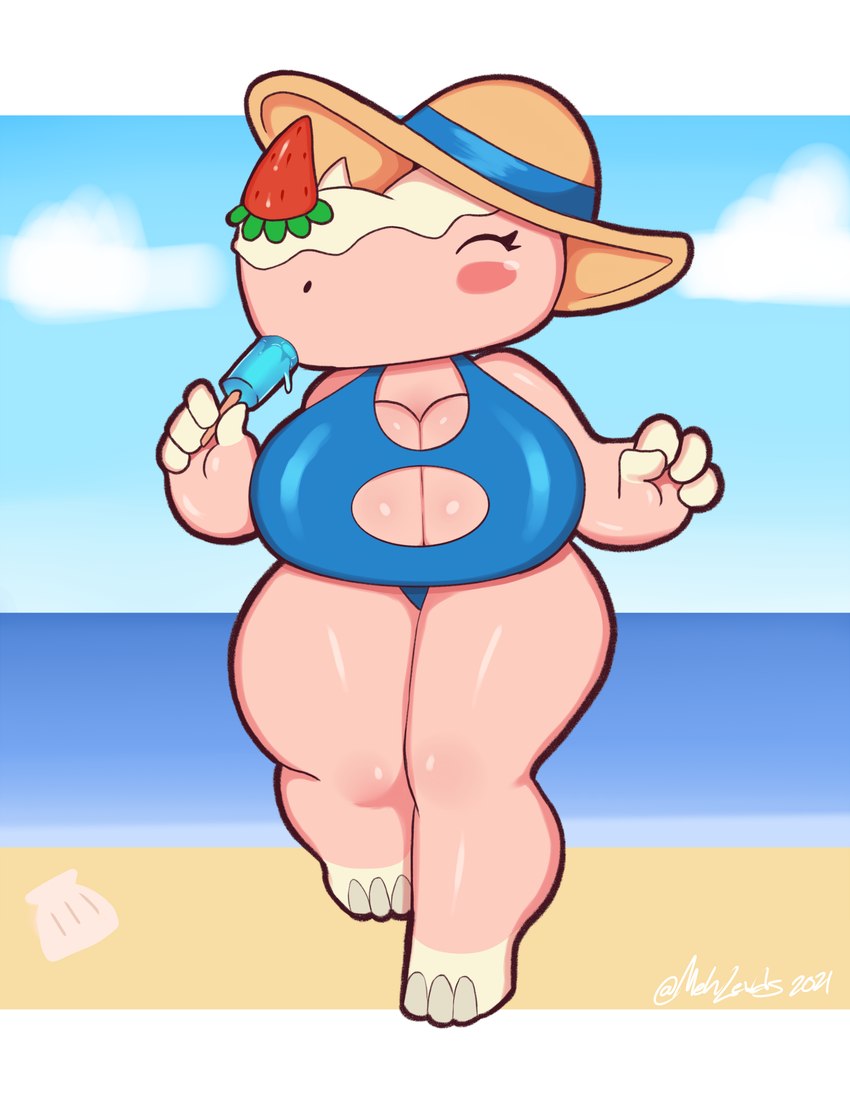 anthro beach big_breasts blush blush_stickers breasts cleavage_cutout clothing cutout female food food_hair fruit hat headgear headwear hooves plant popsicle pseudo_hair sea_salt_ice_cream seaside solo strawberry sun_hat swimwear thick_thighs mehdrawings animal_crossing nintendo merengue_(animal_crossing) mammal rhinoceros absurd_res hi_res