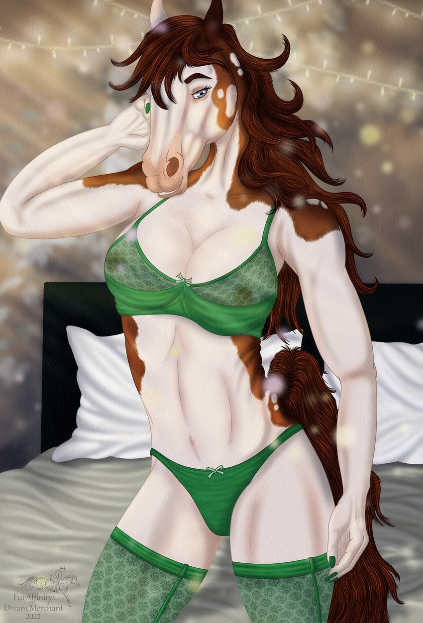 5_fingers anthro bed blue_eyes bra brown_hair brown_tail clothing colored_nails eyebrows eyelashes female fingers fur furniture hair hand_behind_head inside legwear lingerie looking_down multicolored_body nails nipples on_bed panties pillow solo tail teeth thigh_highs translucent translucent_clothing two_tone_body underwear white_body white_fur dream_merchant scarla_(scarlanya) arabian_horse equid equine horse mammal pintabian_horse 2022 digital_media_(artwork) hi_res