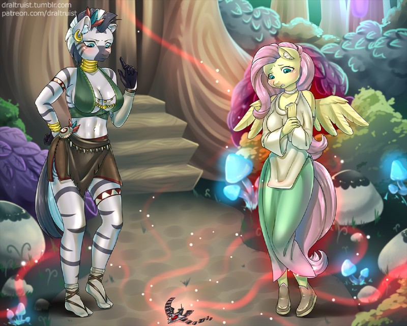 alicorn_amulet anthro breasts cleavage clothed clothing duo feathers female glowing magic neck_ring piercing text wings draltruist friendship_is_magic hasbro my_little_pony mythology fluttershy_(mlp) zecora_(mlp) equid equine mammal mythological_creature mythological_equine pegasus zebra 2019 5:4 url