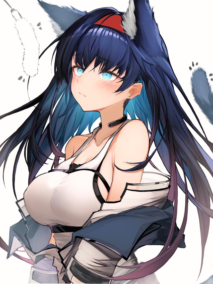 accessory big_breasts blue_body blue_fur blue_hair blush breasts clothed clothing emanata female female_humanoid fluffy fluffy_ears fluffy_tail fur hair hair_accessory hairband human_and_animal_ears inner_ear_fluff long_hair multi_ear multicolored_hair purple_hair shirt solo tail tank_top tight_clothing topwear tuft white_body white_fur tabhead arknights hypergryph studio_montagne blaze_(arknights) animal_humanoid cat_humanoid felid felid_humanoid feline feline_humanoid humanoid mammal mammal_humanoid 2021 absurd_res digital_media_(artwork) half-length_portrait hi_res portrait