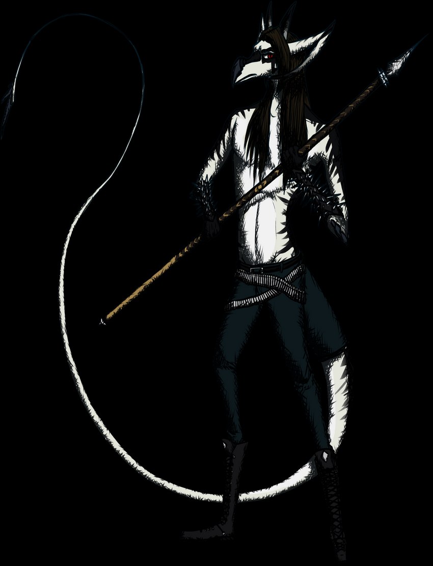 anthro bandolier belt biped black_body black_hair black_stripes boots bottomwear clothed clothing corpse_paint countershading eyebrows footwear frown hair holding_object holding_weapon horn long_hair long_tail looking_at_viewer male melee_weapon pants polearm red_eyes shoes skinny solo spear spiked_tail spikes spikes_(anatomy) stripes tail topless weapon white_body makaronnie mythology kaiser_schwarz dragon mythological_creature mythological_scalie reptile scalie alpha_channel cross-hatching full-length_portrait hatching_(art) hi_res portrait shaded