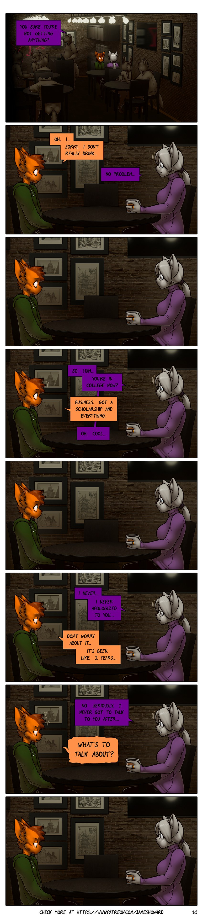 3d_background anthro bar dialogue duo female male text james_howard patreon agatha_(james_howard) alphonse_(james_howard) cougar domestic_cat felid feline felis mammal absurd_res comic english_text hi_res long_image tall_image url