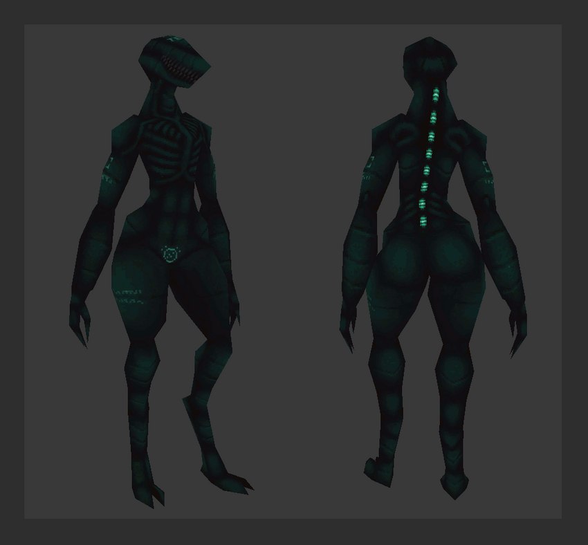 anthro border butt claws creepy digitigrade eyeless female flat_chested front_view glowing glowing_body glowing_markings green_body grey_border low_poly machine markings rear_view rib_cage sharp_teeth solo standing teeth thick_thighs wide_hips womb_tattoo dtstat android robot synth_(dtstat) 3d_(artwork) digital_media_(artwork) story story_in_description