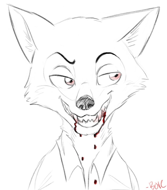 anthro blood bodily_fluids clothed clothing fur grin half-closed_eyes male narrowed_eyes red_eyes sharp_teeth shirt simple_background smile solo teeth topwear white_background boreoboros disney zootopia nick_wilde canid canine fox mammal red_fox true_fox hi_res monochrome signature