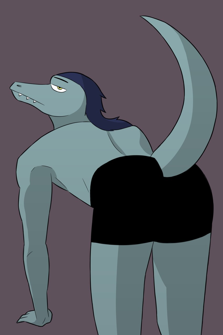 anthro blue_hair boxer_briefs boxers_(clothing) butt clothing hair male presenting presenting_hindquarters raised_tail simple_background solo tail underwear yellow_eyes nihilistdigby disney star_vs._the_forces_of_evil toffee_(svtfoe) reptile scalie septarian 2:3 absurd_res hi_res