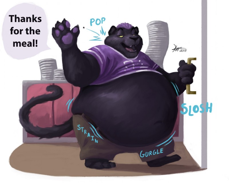 anthro belly belly_jiggle big_belly black_body black_fur chubby_cheeks claws clothed clothing competition_number door football_player fur gesture hair jersey jiggling male melanistic midriff navel number number_on_clothing number_on_jersey number_on_topwear number_print obese obese_anthro obese_male open_mouth open_smile overweight overweight_anthro overweight_male plate print_clothing print_jersey print_topwear purple_hair simple_background smile solo speech_bubble topwear walking waving weight_gain white_background kygen felid mammal pantherine 5:4 comic