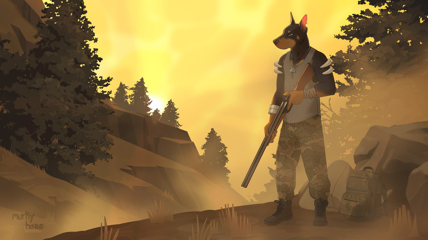 anthro clothed clothing detailed_background dog_tags fur gun male notched_ear outside ranged_weapon shotgun sky solo weapon murkyhaze hunter_(shai_dreamcast) canid canine canis dobermann domestic_dog mammal pinscher 16:9 absurd_res digital_media_(artwork) hi_res widescreen