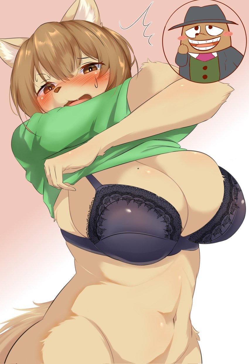 ^^^ anthro big_breasts biped black_bra black_clothing black_underwear blush bodily_fluids bottomless bra breasts brown_eyes brown_hair cleavage clothed clothing clothing_lift crossgender duo fangs female fur gradient_background green_clothing green_shirt green_topwear hair hair_between_eyes kemono lifted_by_self looking_at_viewer male markings mole_(marking) mole_on_breast mtf_crossgender navel open_mouth shirt shirt_lift short_hair short_sleeves simple_background solo_focus surprise sweat tail teeth tongue topwear underwear undressing yellow_body yellow_fur ginko0101 the_laughing_salesman tsukareta-inu_no_anime molegura-horuzou_(tsukareta-inu_no_anime) tsukareta-inu_(tsukareta-inu_no_anime) canid canine canis domestic_dog eulipotyphlan mammal mole_(animal) hi_res