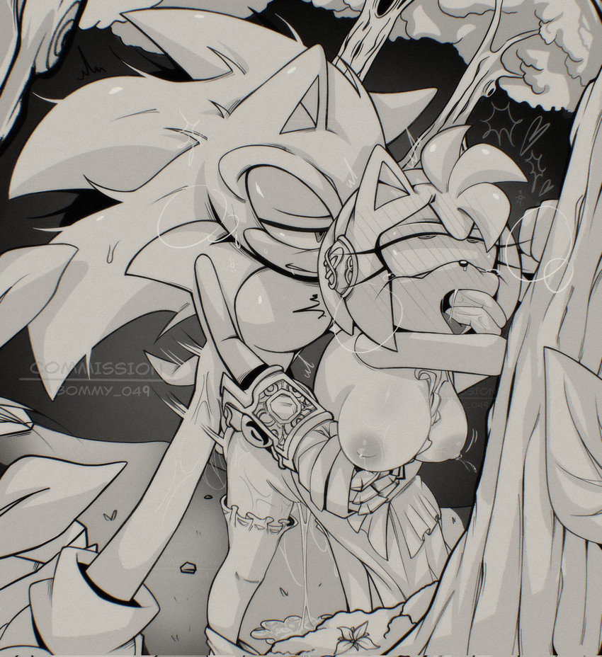 accessory against_natural_surface against_surface against_tree anthro armor big_breasts bodily_fluids breasts clothing dress duo female finger_in_mouth forest gauntlets genital_fluids gloves handwear looking_pleasured male male/female narrowed_eyes plant see sex tree vaginal_fluids bommy_049 sega sonic_the_hedgehog_(series) amy_rose sonic_the_hedgehog eulipotyphlan hedgehog mammal hi_res monochrome