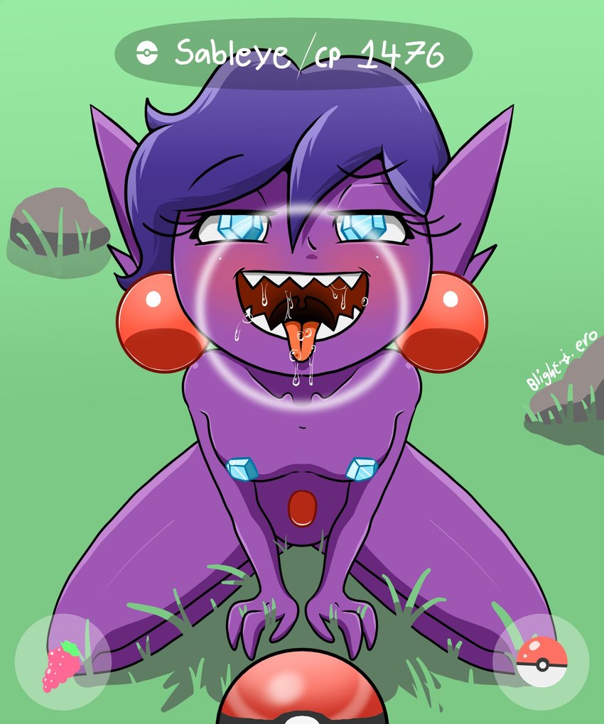 belly_gem blush bodily_fluids breasts ear_piercing eyelashes female food fruit gem gem_eyes grass hair kneeling looking_at_viewer nipple_gem nude open_mouth piercing plant pokeball pokemon_berry purple_body purple_hair razz_berry saliva sharp_teeth short_hair solo teeth text thick_thighs tongue tongue_out uvula wide_hips blightstarero nintendo pokemon pokemon_go fan_character generation_3_pokemon humanoid pokemon_(species) sableye 5:6 hi_res