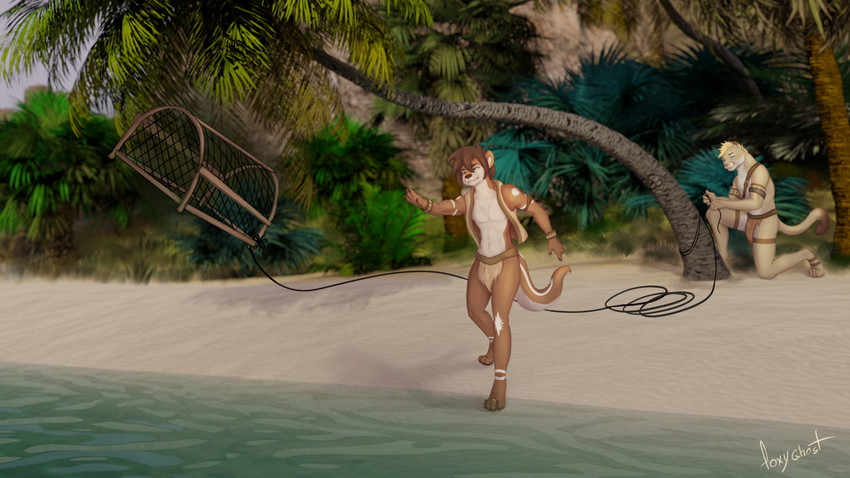 anthro bottomwear clothing duo fishing loincloth male mostly_nude plant tree water foxyghost apollo_the_cougar ferloo cougar felid feline mammal mustelid otter 16:9 absurd_res hi_res widescreen