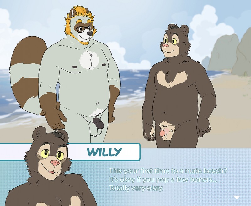 5_fingers anthro balls beach beard black_nose blonde_hair brown_body brown_fur casual_nudity circumcised cloud day detailed_background dialogue duo eyebrows eyewear facial_hair fingers flaccid fur game_screen genitals glasses grey_body grey_fur hair half-erect humanoid_genitalia humanoid_penis male male/male markings multicolored_body multicolored_fur navel nipples nude nude_beach outside overweight overweight_male penis pink_nose ring_(marking) ringed_tail sand seaside sky standing striped_markings striped_tail stripes tail tail_markings text two_tone_tail water white_body white_fur artdecade sweet_leaves colson_grainger willy_(artdecade) bear canid canine mammal raccoon_dog sloth_bear tanuki ursine 2016 english_text