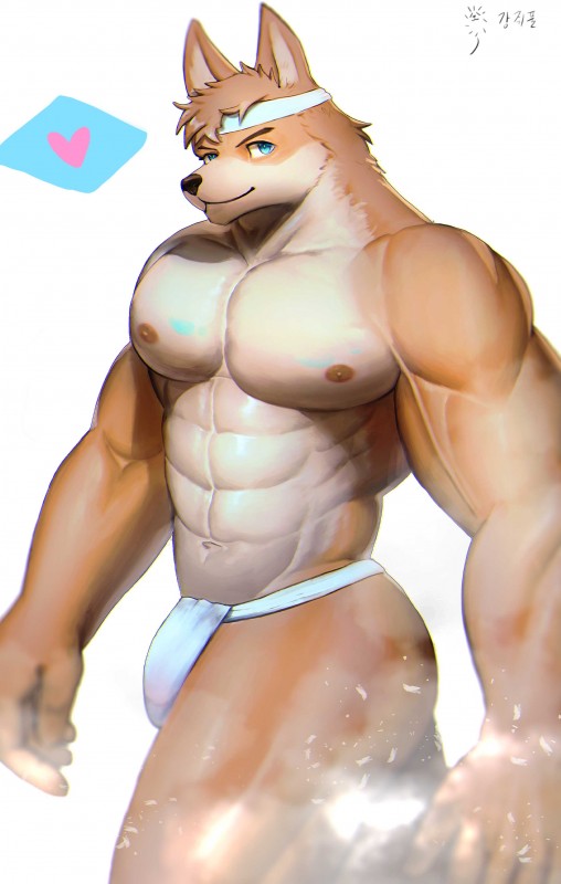 abs accessory anthro asian_clothing blue_eyes clothed clothing east_asian_clothing fundoshi fur headband heart_symbol japanese_clothing looking_at_viewer male muscular muscular_anthro muscular_male nipples pecs solo tan_body tan_fur topless underwear dkqksms1004 canid canine canis domestic_dog husky mammal nordic_sled_dog spitz 2019 absurd_res hi_res