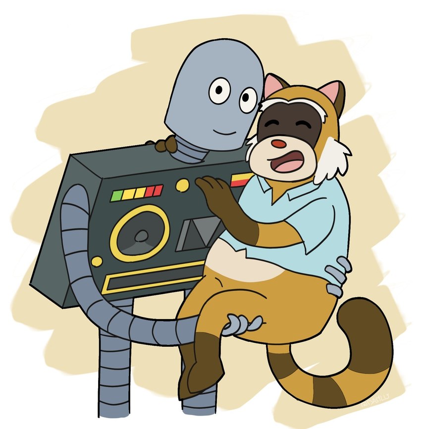 anthro bottomless bridal_carry brown_body brown_fur carrying_another clothed clothing duo fur grey_body male male/male polo_shirt shirt topwear das1lly robot_dreams rascal_(robot_dreams) robot_(robot_dreams) mammal procyonid raccoon hi_res