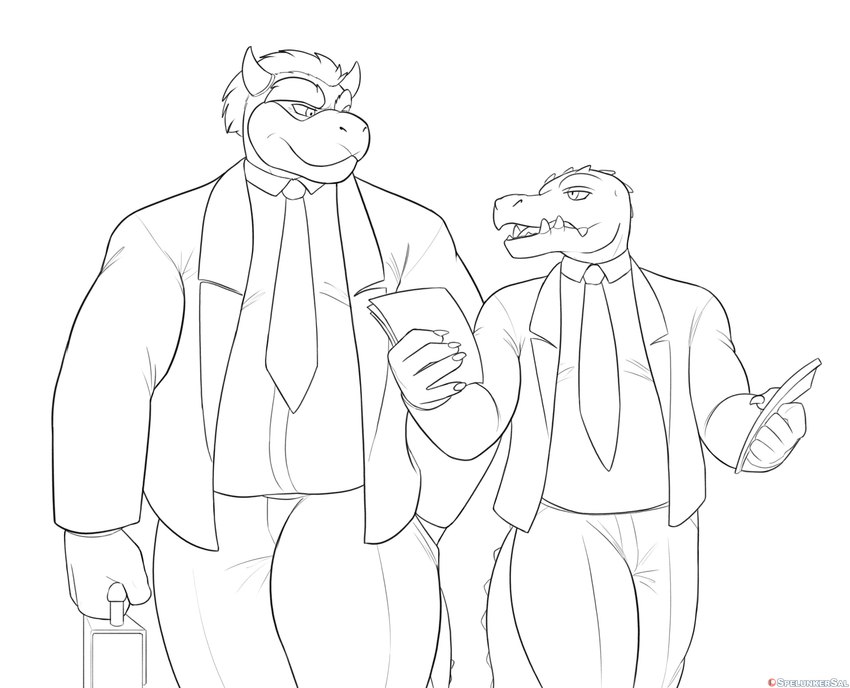 alternate_universe anthro business_suit clothing duo eyebrows hand_in_pocket horn male necktie patreon_logo pockets shell-less suit thick_eyebrows spelunker_sal mario_bros nintendo patreon roommates_(comic) bowser cregon alligator alligatorid crocodile crocodilian koopa reptile scalie hi_res line_art