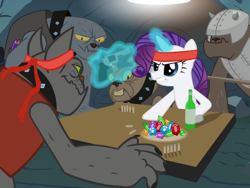 accessory alcohol ammunition anthro armor beverage blue_eyes clothing collar female feral gem glowing group gun headband headgear helmet horn levitation liquor male parody ranged_weapon russian_roulette weapon spokesthebrony archer_(series) friendship_is_magic hasbro my_little_pony mythology the_deer_hunter fido_(mlp) rarity_(mlp) rover_(mlp) spot_(mlp) canid diamond_dog_(mlp) equid equine mammal mythological_creature mythological_equine unicorn 2012 4:3 absurd_res hi_res