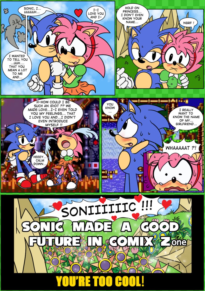 anthro base_three_layout bodily_fluids clothing dress duo female five_frame_image flower gloves handwear heart_symbol male oops plant pronounced_browridge smoke sweat tears text thin_calves thin_legs thin_thighs three_row_layout raianonzika classic_sonic_(universe) sega sonic_the_hedgehog_(series) amy_rose classic_amy_rose classic_sonic sonic_the_hedgehog eulipotyphlan hedgehog mammal comic english_text hi_res