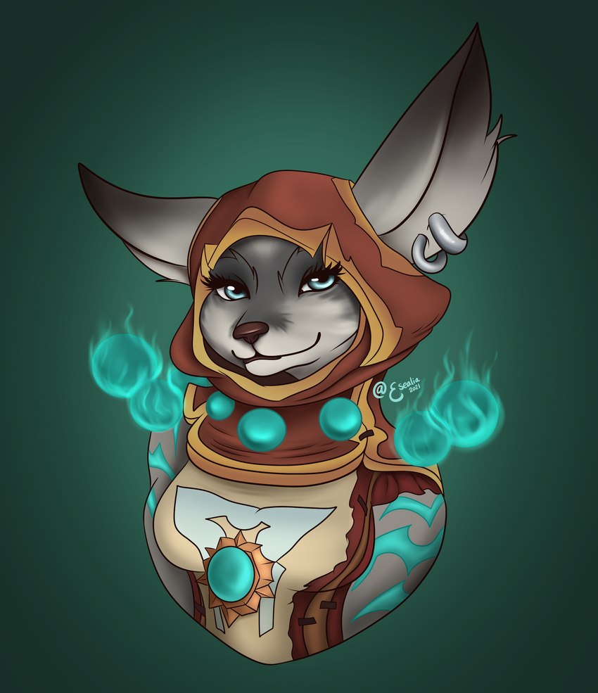 anthro ear_piercing ear_ring female hood hood_up looking_at_viewer orbs piercing ring_piercing simple_background smile solo conditional_dnp esealia blizzard_entertainment warcraft sekna canid mammal vulpera absurd_res hi_res portrait