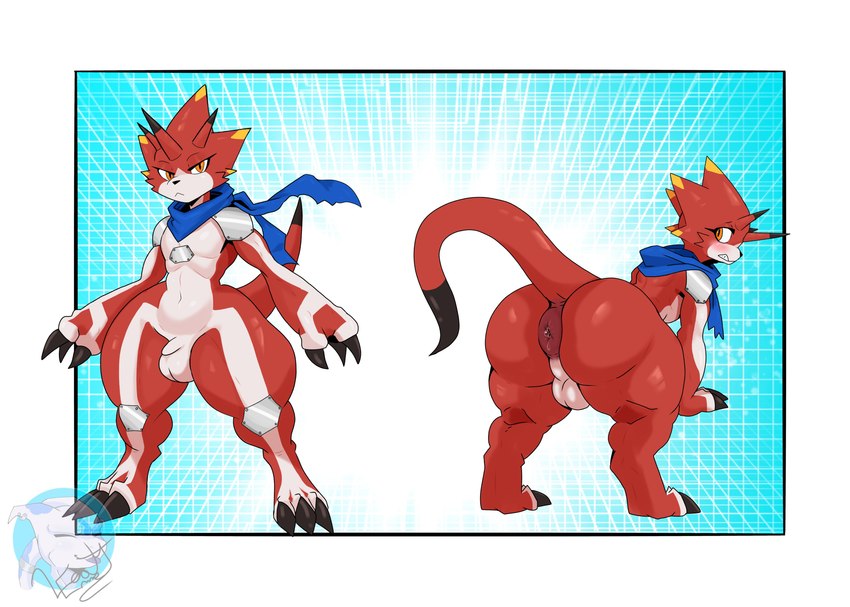 anthro anus balls big_balls big_butt blue_scarf blush butt femboy genitals looking_back male mostly_nude orange_eyes penis puffy_anus raised_tail scarf scarf_only small_penis solo tail tail_anus thick_thighs emmet_twunks bandai_namco digimon betelgammamon digimon_(species) absurd_res hi_res