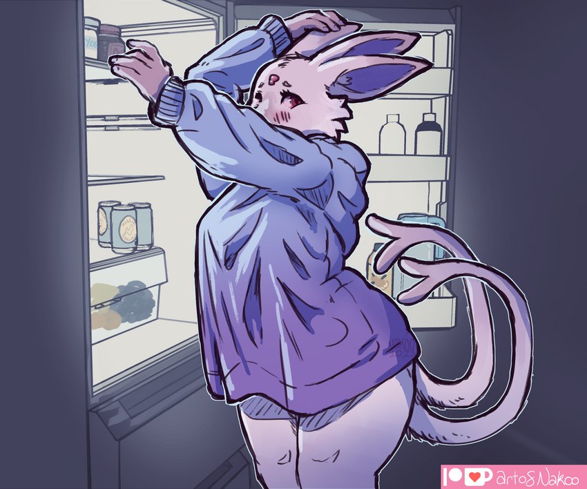 anthro appliance beverage_can blush breasts cheek_tuft clothed clothing facial_tuft female forehead_gem forked_tail fridge fur gem kitchen_appliance looking_at_viewer multi_tail purple_body purple_fur solo standing sweater tail topwear tuft unusual_anatomy unusual_tail conditional_dnp nakoo nintendo pokemon eeveelution espeon generation_2_pokemon pokemon_(species) 2023 6:5 hi_res