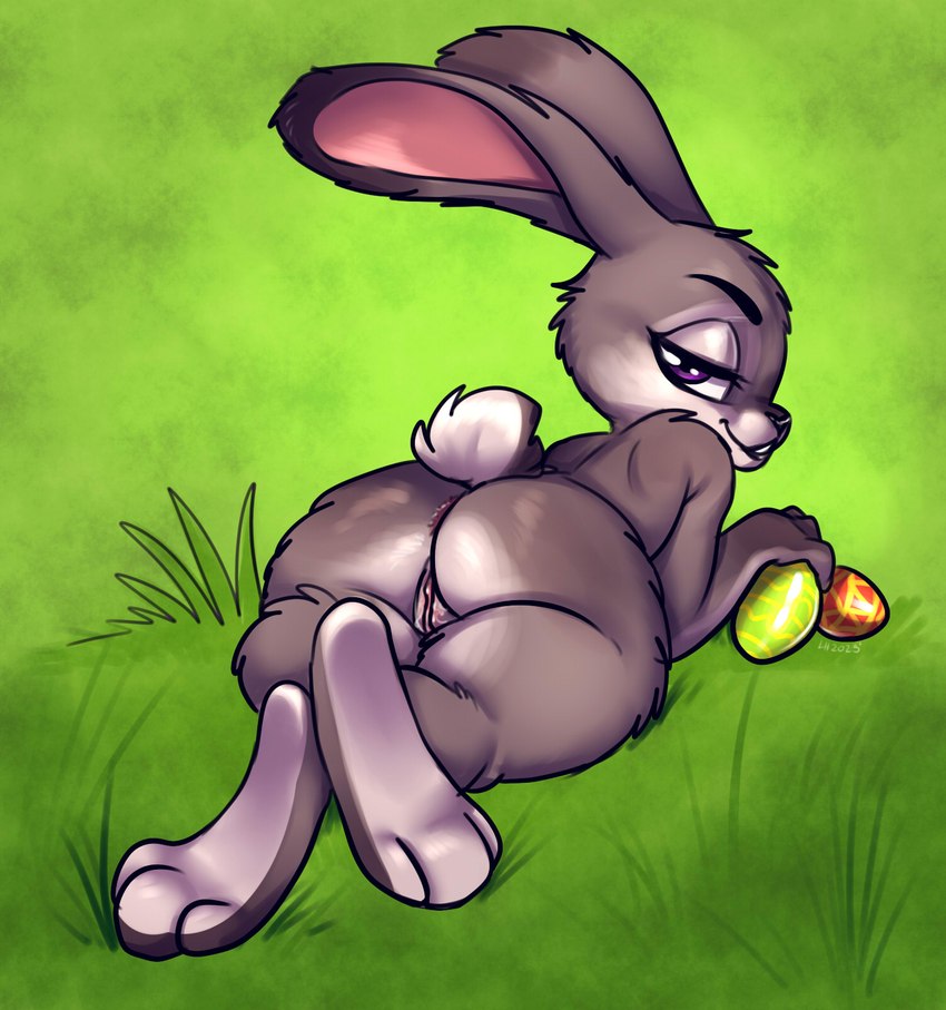 anthro anus bedroom_eyes butt crossed_legs easter_egg feet female genitals holidays looking_at_viewer looking_back looking_back_at_viewer lying narrowed_eyes nude on_front on_grass on_ground presenting presenting_hindquarters pussy seductive solo skye3337 disney easter zootopia judy_hopps lagomorph leporid mammal rabbit hi_res