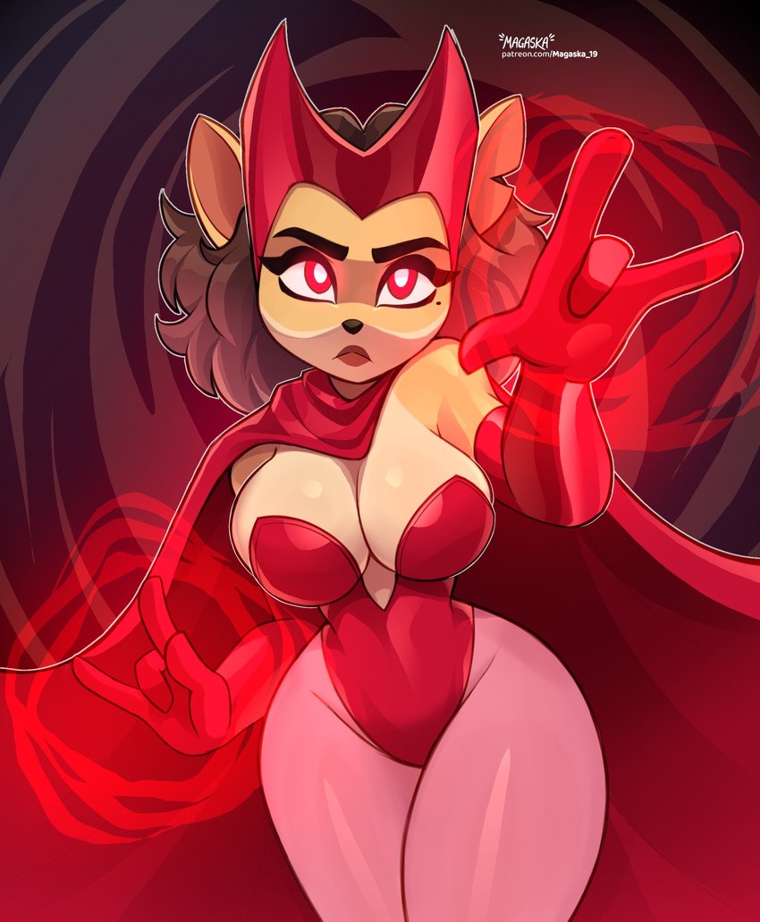 4_fingers abstract_background anthro armwear big_breasts black_nose breasts brown_hair cape cleavage clothed clothing cosplay elbow_gloves female fingers frown gloves hair handwear legwear leotard markings mole_(marking) notched_ear pantyhose red_eyes short_hair solo text magaska19 activision crash_bandicoot_(series) marvel alyssa_bandicoot_(oc) fan_character scarlet_witch bandicoot mammal marsupial 2022 artist_name hi_res url