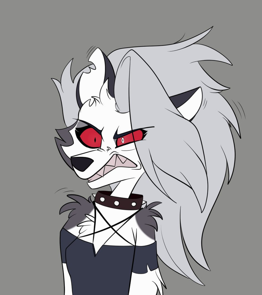 anthro clenched_teeth clothed clothing collar female fur grey_body grey_fur hair notched_ear red_sclera simple_background solo spiked_collar spikes teeth white_body white_fur rutkotka helluva_boss mythology loona_(helluva_boss) canid canid_demon canine demon hellhound mammal mythological_canine mythological_creature 2019 reaction_image