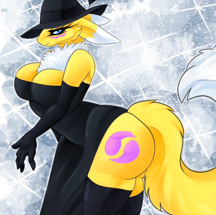 anthro big_breasts blue_eyes breasts butt chest_tuft clothing dress female fluffy fluffy_tail fur glistening glistening_body glistening_skin gloves handwear hat headgear headwear holidays magic_user pose solo sparkles sparkling_background tail thick_thighs tuft witch witch_hat yellow_body yellow_fur cassielink bandai_namco digimon halloween canid canine digimon_(species) mammal renamon absurd_res digital_media_(artwork) digital_painting_(artwork) hi_res pinup sketch