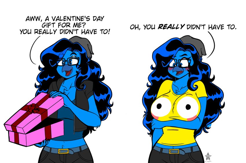 5_fingers anthro arm_tuft arm_under_breasts beak beanie belt belt_buckle bent_arm big_breasts black_bottomwear black_clothing black_eyebrows black_hair black_jacket black_pants black_topwear blue_beak blue_belt blue_clothing blue_crop_top blue_eyebrows blue_eyes blue_hair blue_shirt blue_topwear bottomwear box breasts buckle cleavage clothed clothed_anthro clothed_female clothing container crop_top dialogue elbow_tuft eyebrow_through_hair eyebrows eyelashes female female_anthro fingers frown fully_clothed fully_clothed_anthro fully_clothed_female gift gift_box grey_beanie grey_clothing grey_hat grey_headwear hair hat headgear headwear holding_gift holding_object holidays jacket logo long_hair looking_at_breasts looking_at_own_breasts looking_at_self midriff non-mammal_breasts open_beak open_clothing open_frown open_jacket open_mouth open_smile open_topwear pants pockets red_tongue shirt simple_background smile solo standing t-shirt text tongue topwear translucent translucent_hair tuft white_background yellow_clothing yellow_shirt yellow_t-shirt yellow_topwear noncomposmentisstuff bulging_smiley_shirt_meme valentine's_day tessa_(noncomposmentisstuff) avian bird 2025 absurd_res artist_logo digital_drawing_(artwork) digital_media_(artwork) english_description english_text flat_colors hi_res multiple_scenes