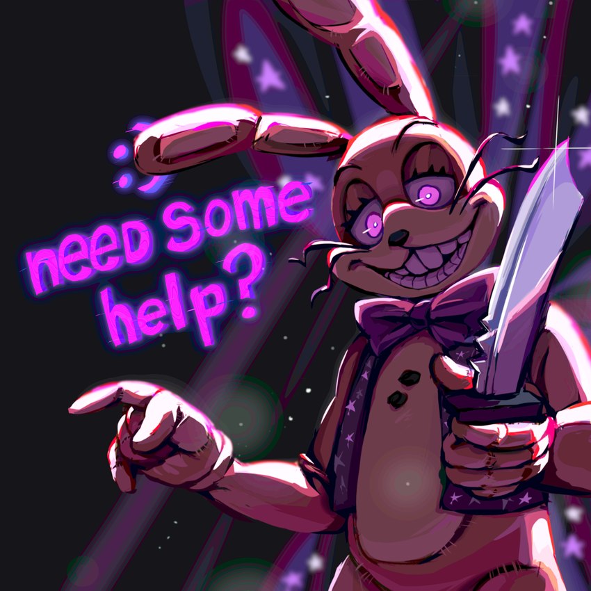 ambiguous_gender anthro bow_(feature) bow_in_front bow_tie button_(fastener) clothing costume dialogue fursuit holding_knife holding_object holding_weapon knife looking_down open_mouth pink_eyes smile solo talking_to_viewer text weapon whiskers yellow_body skylordlysander five_nights_at_freddy's five_nights_at_freddy's:_help_wanted fnaf_vr_help_wanted scottgames glitchtrap lagomorph leporid mammal rabbit 1:1 absurd_res digital_media_(artwork) hi_res