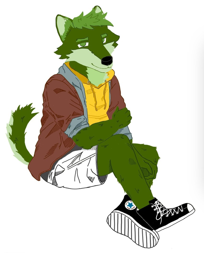 anthro bottomwear cheek_tuft clothed clothing facial_tuft footwear fur green_body green_eyes green_fur head_tuft hoodie jacket looking_at_viewer male red_clothing red_jacket red_topwear shoes shorts sitting solo topwear tuft yellow_clothing yellow_hoodie yellow_topwear mmmmbeefowo chuck_taylor_all_stars converse ryan_the_green_wolf canid canine canis mammal wolf hi_res