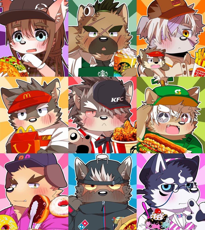 anthro black_body black_fur blush brown_body brown_fur brown_hair chicken_meat clothing eyebrows fast_food food fried_chicken frown fur grey_body grey_fur group hair hat headgear headwear humor kfc_bucket male meat pink_body pink_fur pizza scar thick_eyebrows white_hair aroenikuniku baskin_robbins burger_king domino's_pizza dunkin'_donuts kfc lifewonders mcdonald's starbucks subway_(restaurant) taco_bell tokyo_afterschool_summoners masanori_(tas) masashi_(tas) moritaka_(tas) nobumichi_(tas) shino_(tas) tadatomo_(tas) tanetomo_(tas) yasuyori_(tas) yoshito_(tas) canid canine canis domestic_dog mammal hi_res