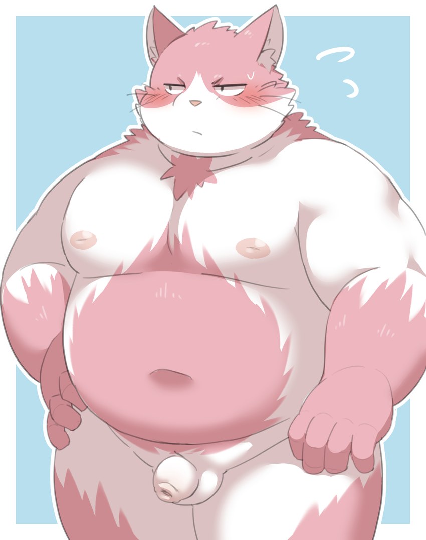 anthro belly big_belly blush bodily_fluids genitals humanoid_genitalia humanoid_hands humanoid_penis kemono male moobs navel nipples overweight overweight_male penis pink_body simple_background small_penis solo sweat white_body ptcmtr tamacolle bungo_(tamacolle) domestic_cat felid feline felis mammal 2023 hi_res portrait three-quarter_portrait