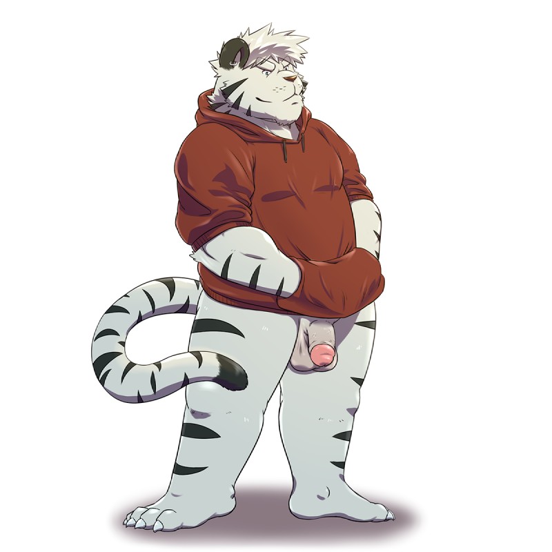 anthro barazoku bottomless clothed clothing ear_piercing flaccid fluffy genitals hoodie leucistic male penis piercing solo topwear vein wdh3905 justin_(ieaden) felid mammal pantherine tiger 1:1 hi_res