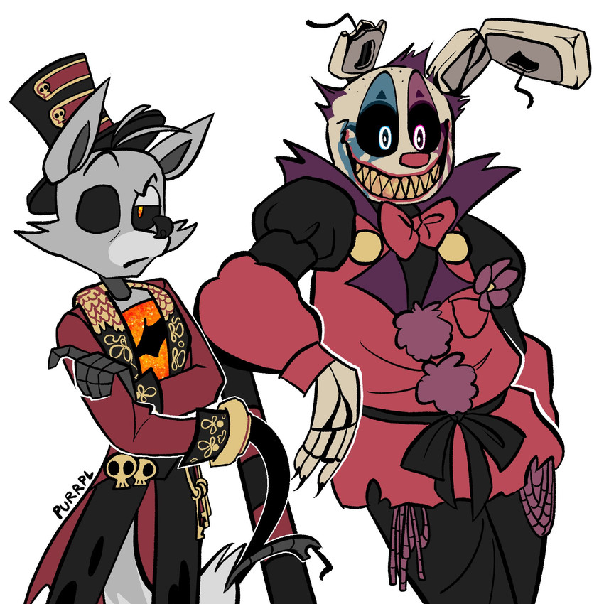 1_eye 4_fingers angry annoyed anthro big_pupils black_eyebrows black_nose black_sclera blue_eyes bone bottomwear bow_tie claws clothed clothing clown clown_nose coat crossed_arms dilated_pupils duo eyebrows fingers flower fur grey_body grey_fur grey_tail hair half-closed_eyes hat headgear headwear key keyring lips long_ears looking_at_viewer machine male metal metallic metallic_body multicolored_body multicolored_eyes multicolored_tail narrowed_eyes notched_ear orange_body orange_eyes pants pirate plant pupils purple_eyes purple_hair raised_eyebrow raised_eyebrows red_lips red_nose ringmaster rotten_teeth sharp_teeth shirt short_hair simple_background skull smile standing tail teeth top_hat topwear torn_body uniform weapon whip whip_hand white_background white_body white_fur white_tail wide_eyed wire yellow_teeth purrpl_(artist) five_nights_at_freddy's five_nights_at_freddy's_3 five_nights_at_freddy's_ar scottgames clown_springtrap_(fnaf) foxy_(fnaf) ringmaster_foxy_(fnaf) springtrap_(fnaf) animatronic canid canine fox lagomorph leporid mammal rabbit robot 1:1 2020 hi_res signature