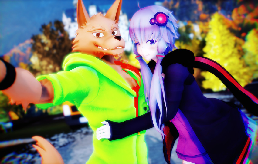 anthro blush clothed clothing duo female hair male male/female purple_hair selfie smile malicekira utau vocaloid sou_notamine yuzuki_yukari canid canine canis domestic_dog mammal 3d_(artwork) digital_media_(artwork) hi_res mikumikudance_(artwork)