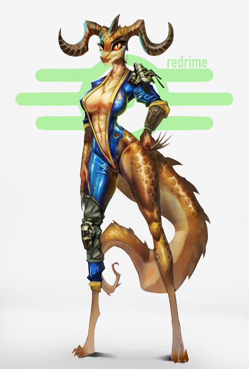 abs anthro athletic athletic_female big_breasts breasts claws cleavage clothed clothing female partially_clothed simple_background small_waist solo thick_thighs toe_claws vault_suit white_background redrime fallout microsoft deathclaw scalie absurd_res hi_res