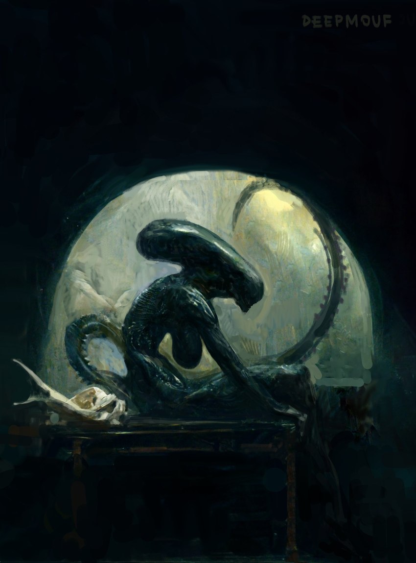 big_breasts black_body breasts dark_body female hanging_breasts huge_breasts long_tail sagging_breasts sitting skinny slouching solo tail deepmouf alien_(franchise) alien xenomorph hi_res