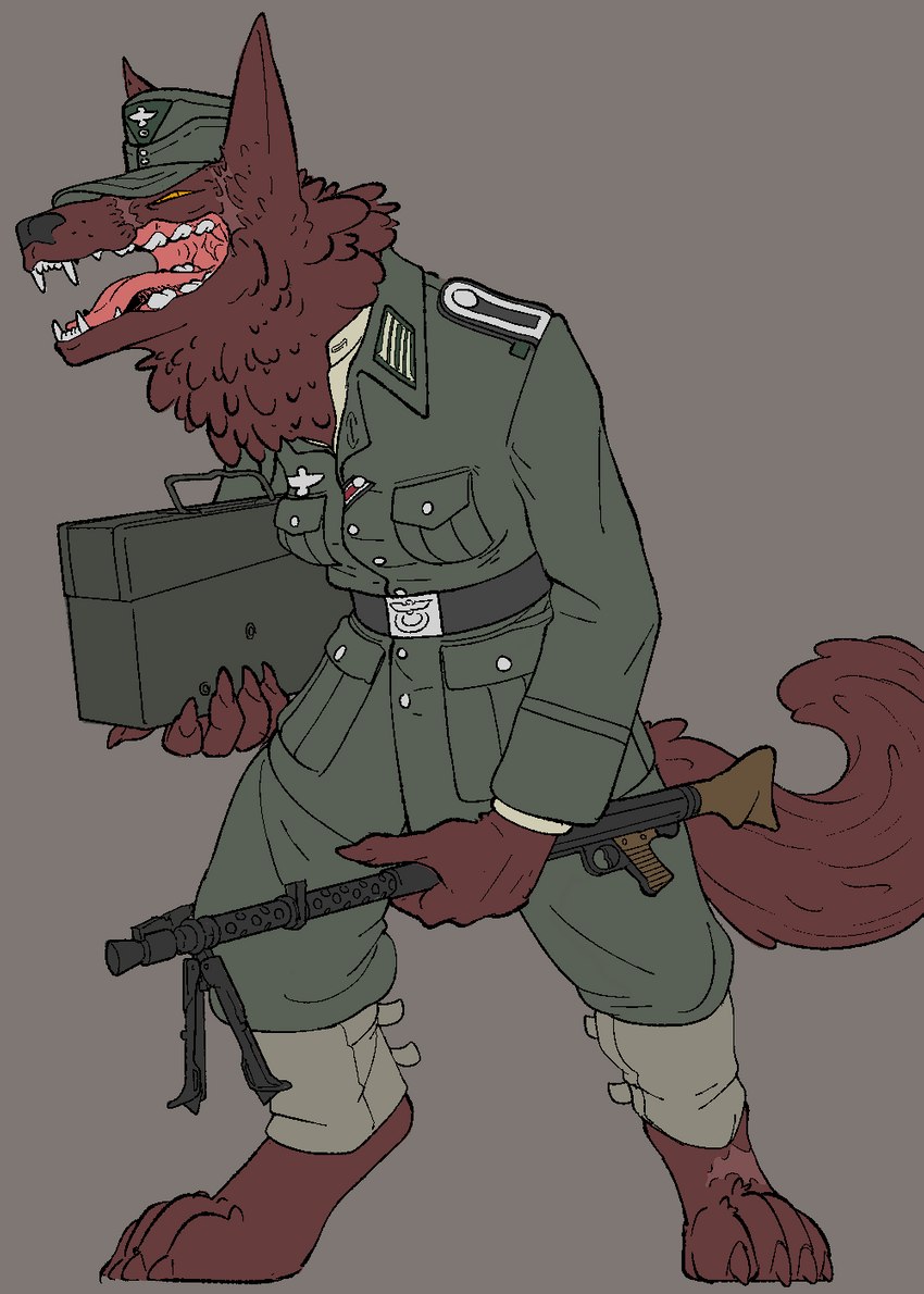 anthro barefoot biped clothed clothing digitigrade fangs feet female fur gun holding_object holding_weapon mg34 nazi nazi_uniform open_mouth ranged ranged_weapon scar simple_background solo teeth tongue uniform weapon yellow_eyes xenopera mythology wehrmacht sergeant_(xenopera) canid canine mammal mythological_canine mythological_creature were werecanid werecanine werewolf hi_res