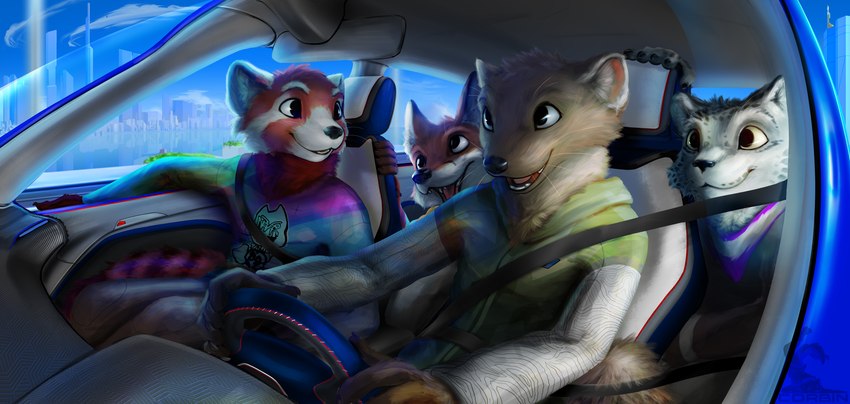 5_fingers anthro black_nose brown_body brown_fur car city city_background cityscape clothing driving driving_car fingers fully_clothed_anthro fully_clothed_male fur green_clothing green_jacket green_topwear grey_body grey_ears grey_fur grey_inner_ear_fluff group happy inner_ear_fluff inside_car inside_vehicle jacket looking_at_another male male_anthro markings mouth_closed multicolored_clothing multicolored_shirt multicolored_topwear open_mouth open_smile operating_vehicle orange_body orange_fur piloting_car piloting_vehicle purple_scarf rainbow_clothing rainbow_shirt rainbow_topwear red_body red_fur scarf seatbelt shirt smile spots spotted_body spotted_fur topwear tuft vehicle white_body white_ears white_fur white_inner_ear_fluff white_sleeves yellow_sclera corbin_(roscy) claymore_(red_panda) corbin_(corbin_roscy) ailurid canid canine domestic_ferret felid fox mammal mustelid musteline pantherine red_panda snow_leopard true_musteline weasel 2023 absurd_res digital_media_(artwork) digital_painting_(artwork) hi_res signature watermark male_(lore)