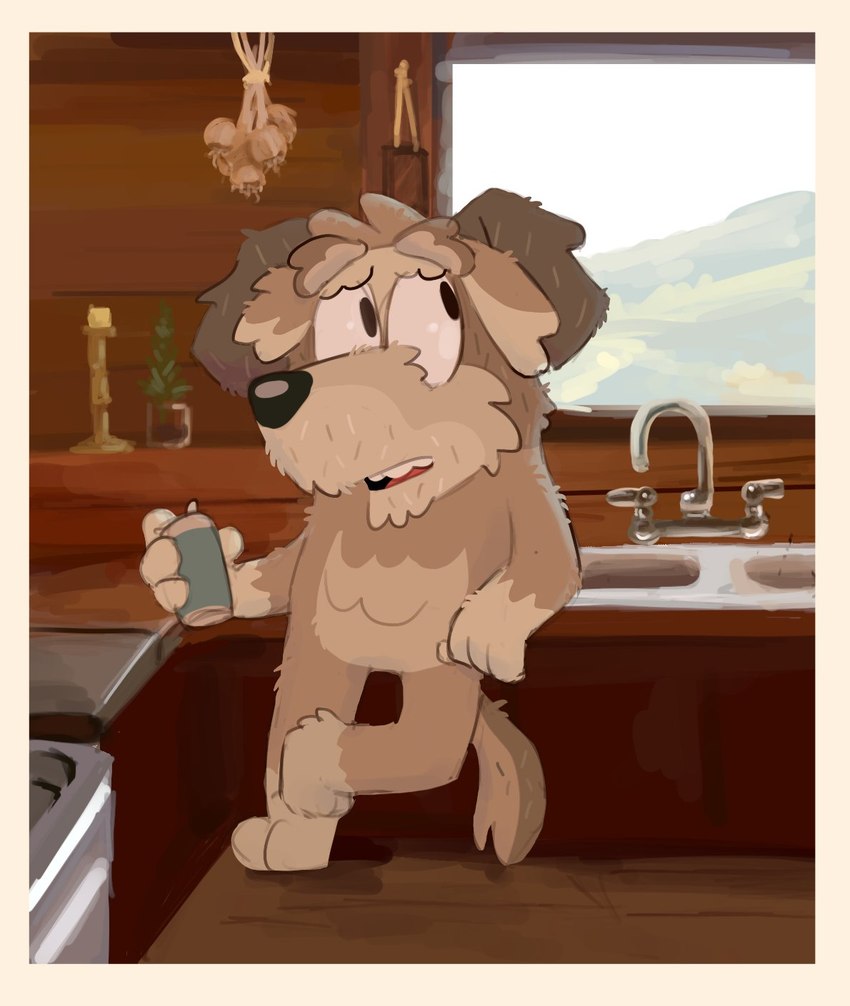 anthro beverage black_nose can candle container elderly_anthro elderly_male fur grey_body grey_ears grey_fur grey_hair grey_tail hair holding_beverage holding_can holding_container holding_object inside kitchen looking_away male multicolored_body multicolored_fur plant pose sink solo tail teeth tongue two_tone_tail window shaibey bluey_(series) maynard_(bluey) canid canine canis domestic_dog hunting_dog irish_wolfhound mammal sighthound 2023 digital_media_(artwork) hi_res procreate_(artwork)