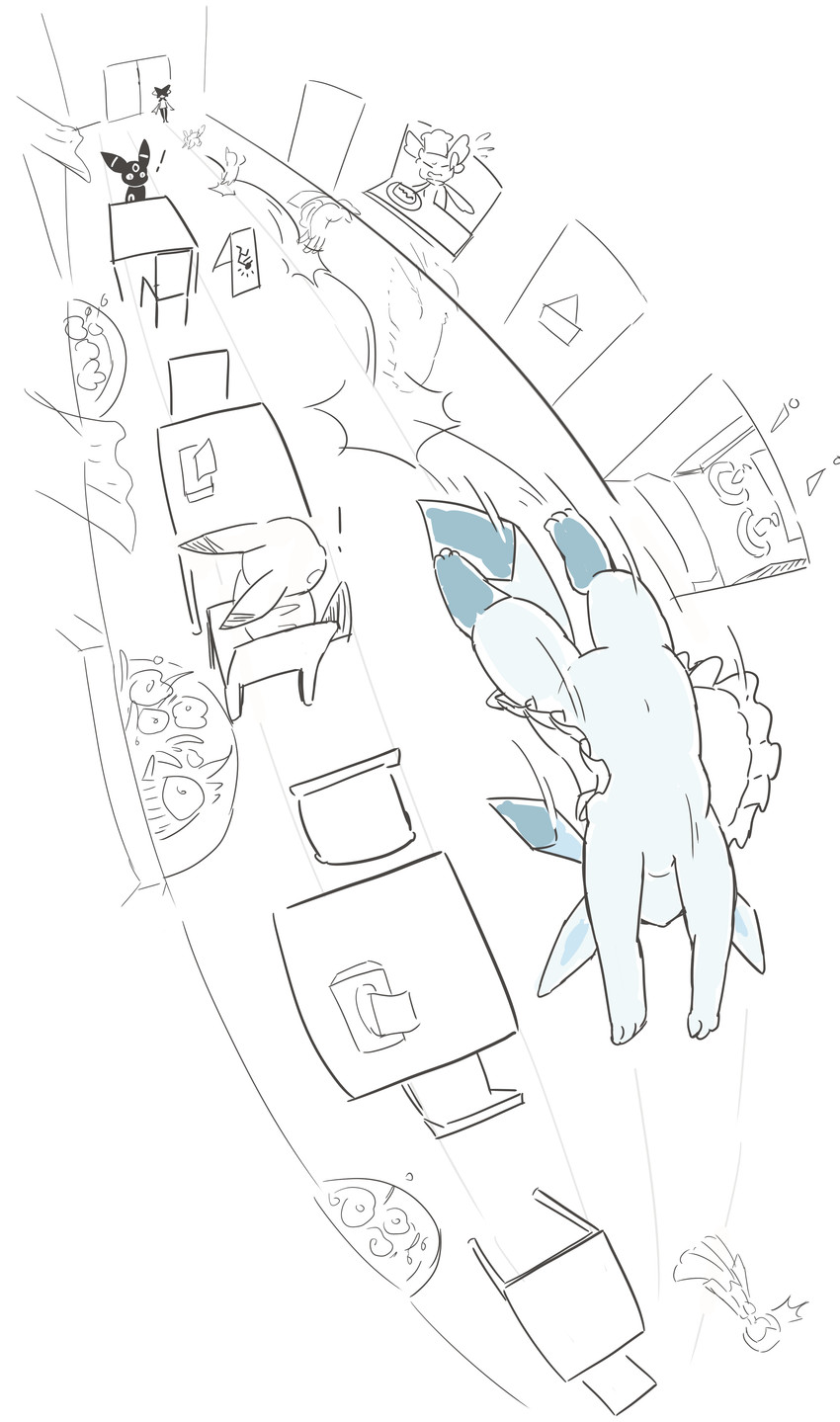 ambiguous_gender backflip bird's-eye_view chef chef_hat clothing dipstick_tail exclamation_point featureless_crotch fisheye_lens furniture group hat headgear headwear high-angle_view inside kemono markings navel restaurant table tail tail_markings nacl_chicken nintendo pokemon eeveelution gardevoir generation_1_pokemon generation_2_pokemon generation_3_pokemon generation_4_pokemon generation_6_pokemon generation_9_pokemon glaceon mammal meowscarada pikachu pokemon_(species) sylveon umbreon absurd_res digital_drawing_(artwork) digital_media_(artwork) hi_res sketch spot_color