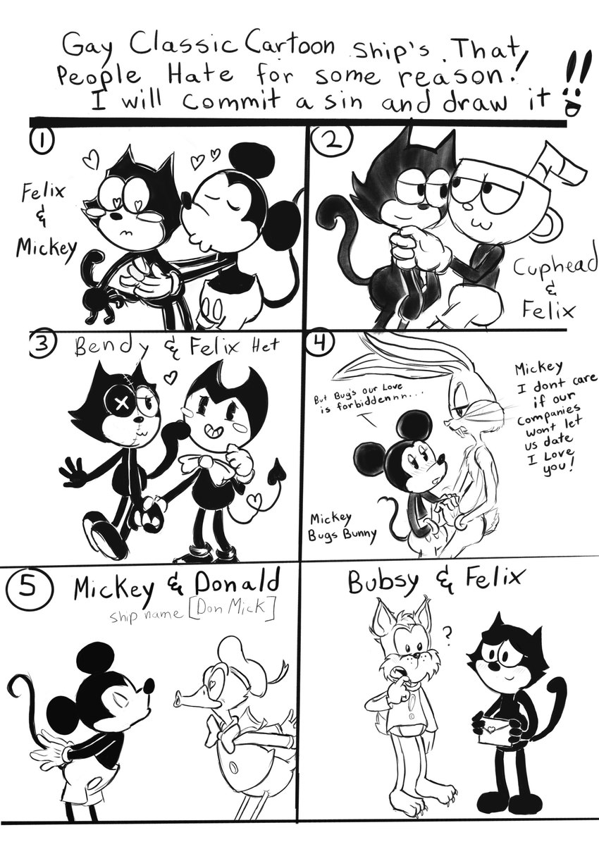 anthro duo for_a_head hand_holding heart_reaction male male/male number text selbarm bendy_and_the_ink_machine bubsy_(series) cuphead_(game) disney felix_the_cat_(series) looney_tunes warner_brothers bendy_the_dancing_demon bubsy bubsy_bobcat bugs_bunny cuphead_(character) donald_duck felix_the_cat mickey_mouse anatid anseriform avian bird domestic_cat duck felid feline felis lagomorph leporid mammal mouse murid murine object_head rabbit rodent absurd_res english_text hi_res monochrome multiple_images