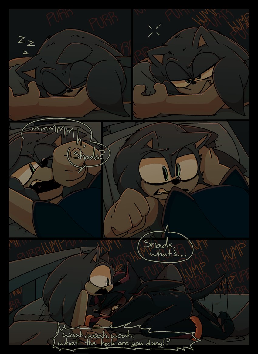 anthro bed bedroom blush dialogue dry_humping duo furniture inside male male/male sleeping surprised text wake_up_sex waking_up tomater sega sonic_the_hedgehog_(series) shadow_the_hedgehog sonic_the_hedgehog eulipotyphlan hedgehog mammal absurd_res comic hi_res