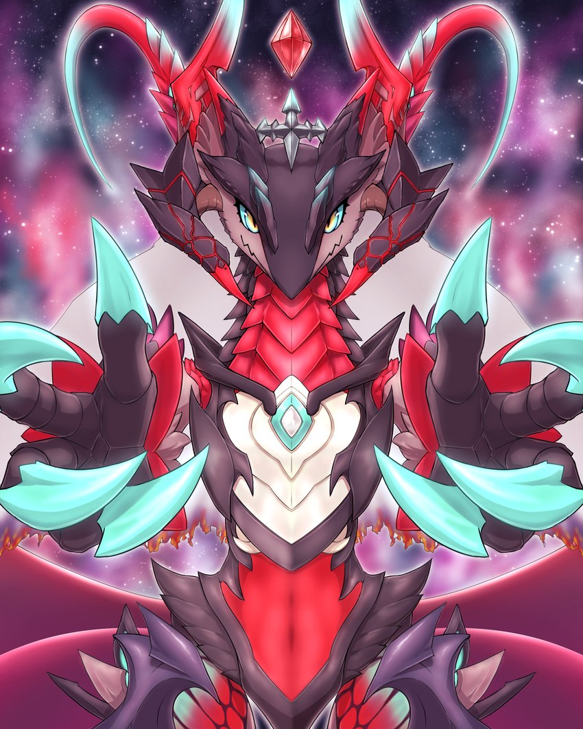accessory black_body black_scales blue_claws blue_eyes blue_sclera claws crown detailed_background gem headgear horn looking_at_viewer multicolored_body nebula red_body red_scales red_wings scales smile solo space star white_body white_scales wings yellow_eyes natutuna dragon_village mythology dragon epit mythological_creature mythological_scalie scalie 4:5 absurd_res hi_res