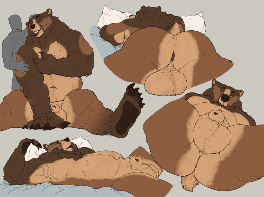 animal_genitalia anthro anus backsack balls belly big_balls big_butt biped black_sheath_slit brown_body brown_fur butt butt_focus cuddling duo fur genitals hair happy headpat looking_at_viewer looking_down low-angle_view lying male mane mane_hair muscular muscular_male nude on_back on_front pawpads paws perineum petting pillow plantigrade presenting presenting_anus presenting_balls presenting_hindquarters raised_tail rear_view sheath sheath_slit sitting size_difference sleeping slightly_chubby slightly_chubby_anthro slightly_chubby_male solo tail worm's-eye_view bruteandbrawn third-party_edit kuruk_(character) bear brown_bear grizzly_bear human mammal ursine hi_res monochrome