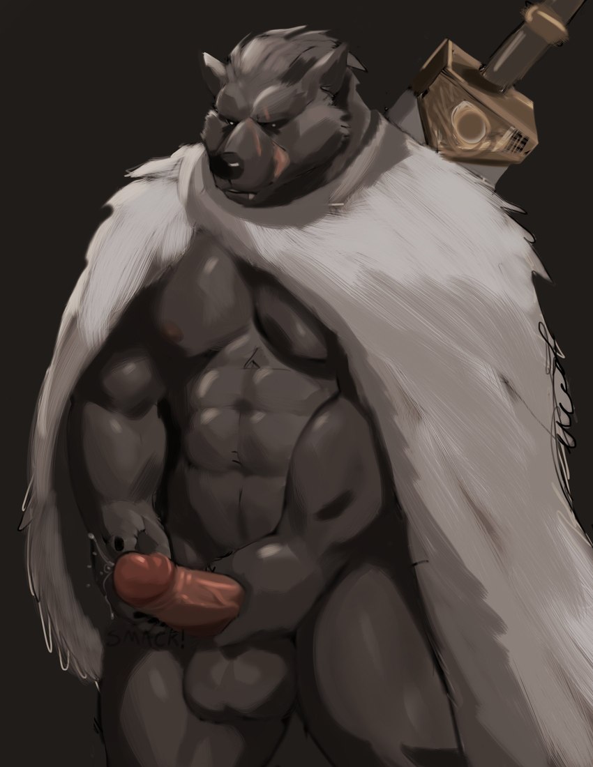 abs anthro balls big_balls bodily_fluids cape clothing erection fur genital_fluids genitals greatsword grey_body grey_fur holding_penis humanoid_genitalia humanoid_penis male muscular muscular_anthro muscular_male pecs penis precum scar simple_background solo standing bin_(artist) elden_ring fromsoftware blaidd_(elden_ring) canid canine canis mammal wolf absurd_res hi_res