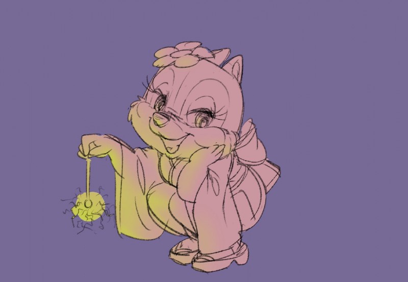 anthro asian_clothing clothed clothing crouching east_asian_clothing eyelashes female footwear geta japanese_clothing kimono open_mouth open_smile simple_background smile solo kurokuma824 chip_'n_dale disney clarice_(disney) chipmunk ground_squirrel mammal rodent sciurid restricted_palette sketch