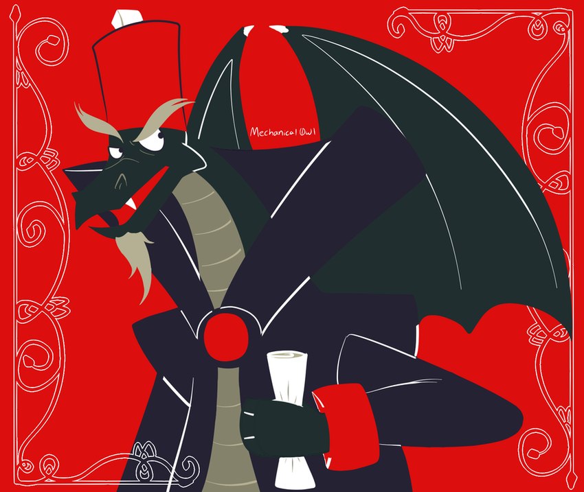 anthro biped clothed clothing dark_body dark_skin eyebrows fangs looking_away male membrane_(anatomy) membranous_wings open_mouth red_background simple_background solo teeth wings mechanicalowl blazing_dragons mythology the_chancellor dragon mythological_creature mythological_scalie scalie 2016 half-length_portrait portrait signature